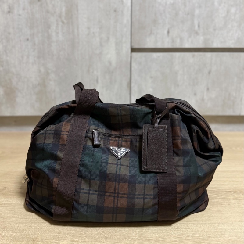 PRADA 咖啡 格紋  尼龍 鎖頭 行李袋 登機包 登機袋 手提包 購物袋 肩背包 側背包-9
