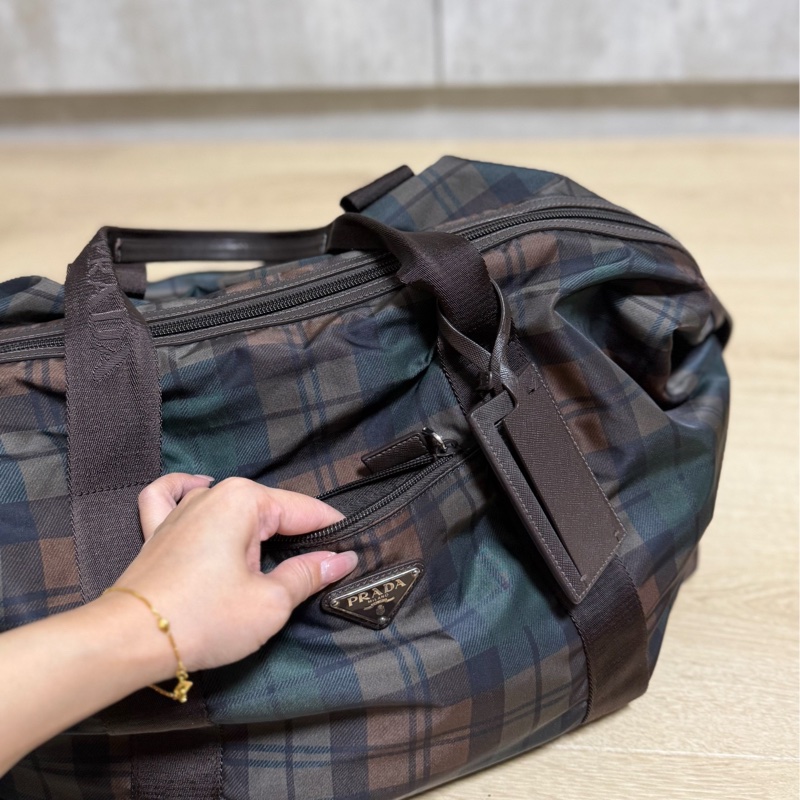PRADA 咖啡 格紋  尼龍 鎖頭 行李袋 登機包 登機袋 手提包 購物袋 肩背包 側背包-10