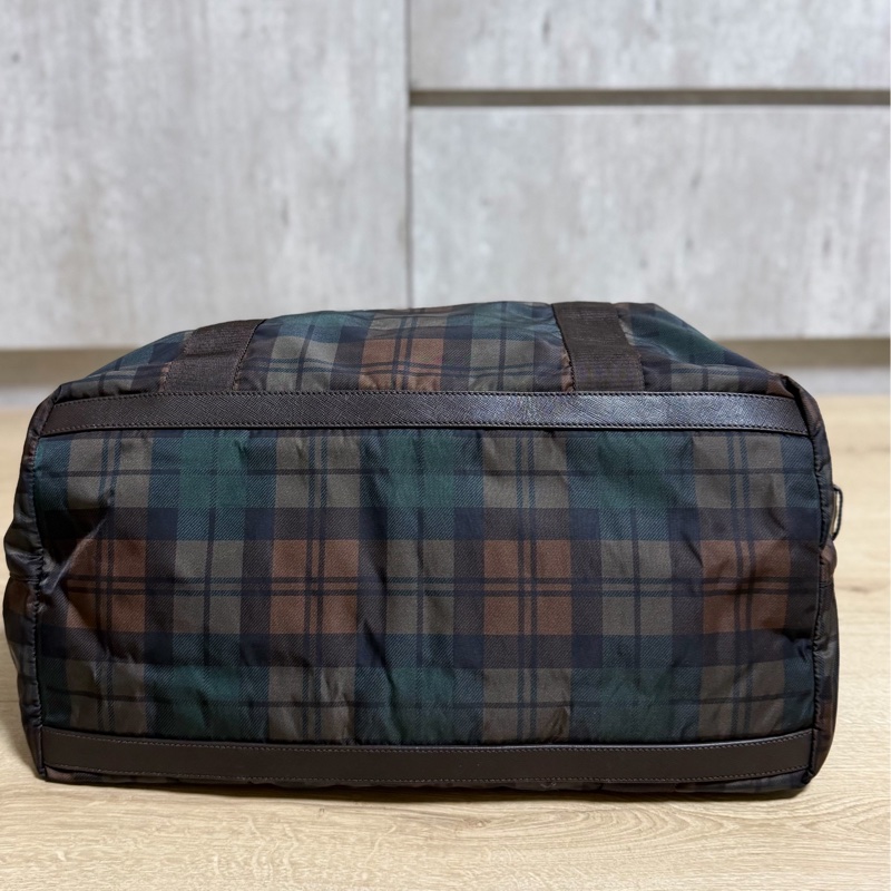 PRADA 咖啡 格紋  尼龍 鎖頭 行李袋 登機包 登機袋 手提包 購物袋 肩背包 側背包-11