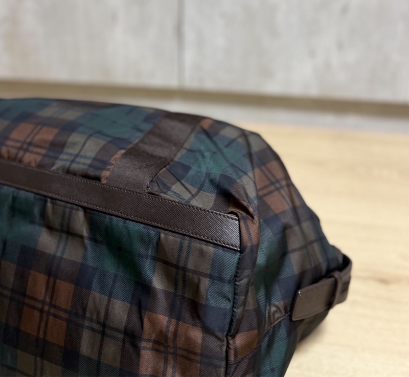 PRADA 咖啡 格紋  尼龍 鎖頭 行李袋 登機包 登機袋 手提包 購物袋 肩背包 側背包-12