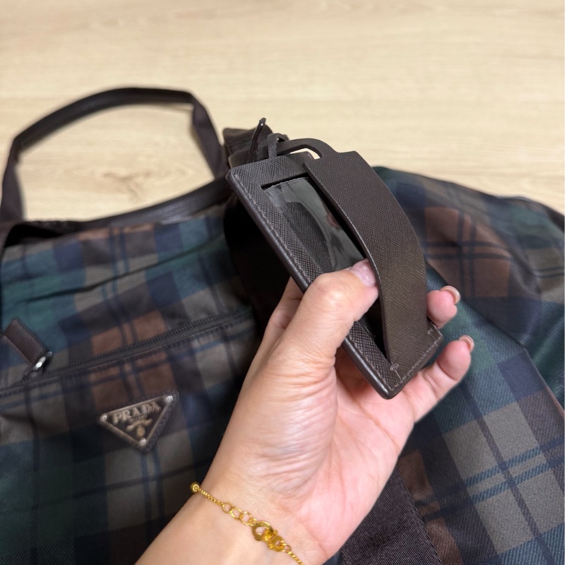 PRADA 咖啡 格紋  尼龍 鎖頭 行李袋 登機包 登機袋 手提包 購物袋 肩背包 側背包-20