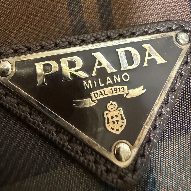 PRADA 咖啡 格紋  尼龍 鎖頭 行李袋 登機包 登機袋 手提包 購物袋 肩背包 側背包-26