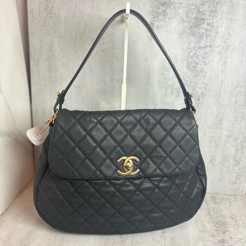 chanel 黑色荔枝皮 金扣 大logo 兩用包