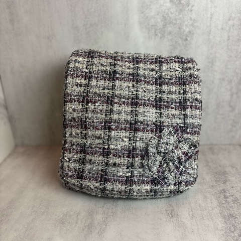 chanel 灰底紅黑格紋 羊毛 斜紋 軟呢 黑皮串銀鏈