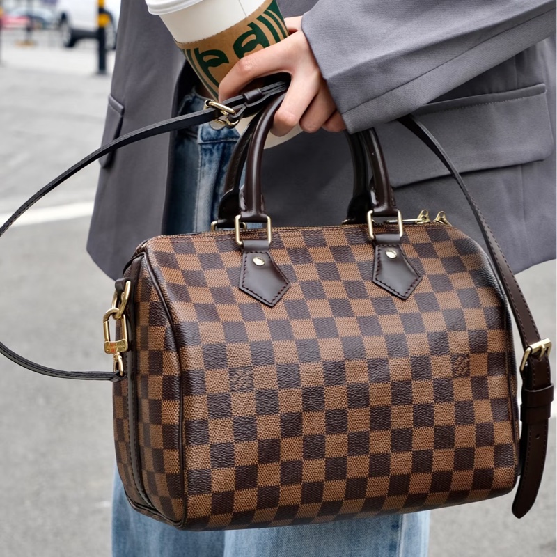 LV棋盤格SPEEDY25背帶款波士頓包N40575-1