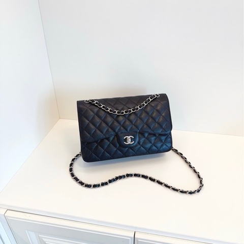 Chanel 香奈兒  黑銀荔枝皮雙蓋CF Jumbo 銀扣
