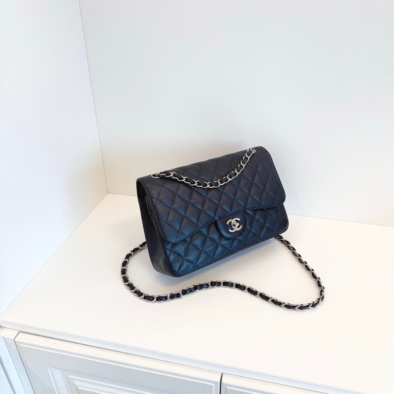 Chanel 香奈兒  黑銀荔枝皮雙蓋CF Jumbo 銀扣-1