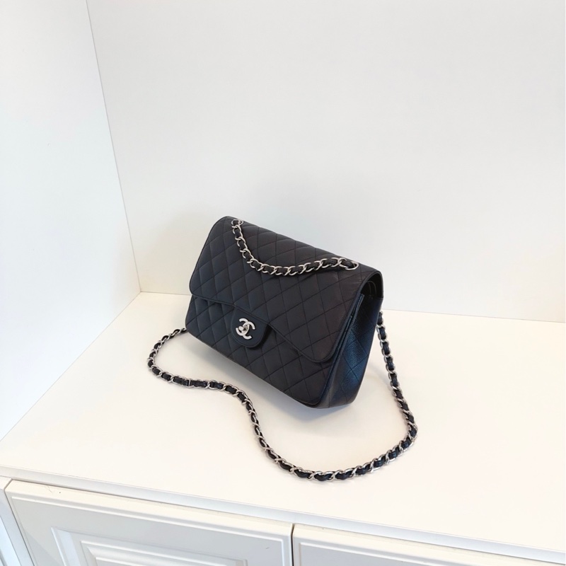 Chanel 香奈兒  黑銀荔枝皮雙蓋CF Jumbo 銀扣-2