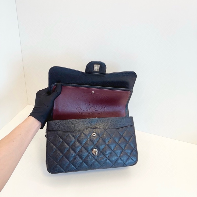 Chanel 香奈兒  黑銀荔枝皮雙蓋CF Jumbo 銀扣-6