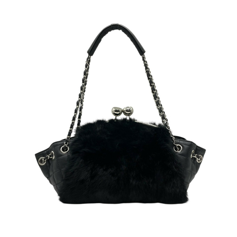 香奈兒黑色絎縫皮草皮革單背包,配銀色五金配件,女士款-1