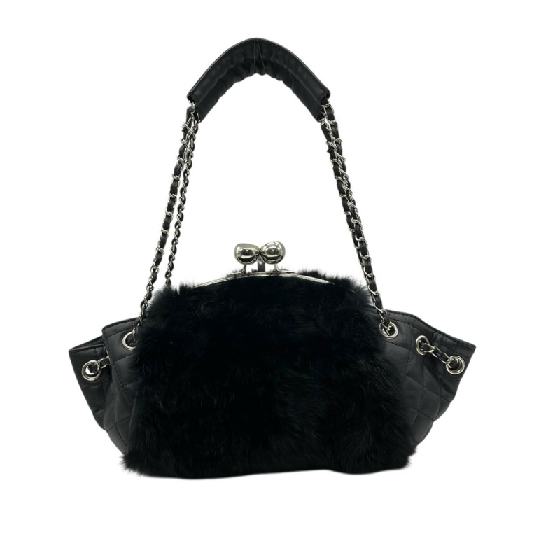 香奈兒黑色絎縫皮草皮革單背包,配銀色五金配件,女士款-2