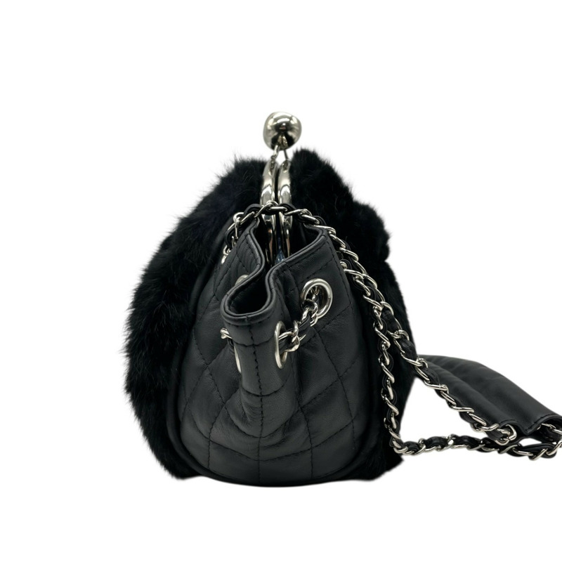 香奈兒黑色絎縫皮草皮革單背包,配銀色五金配件,女士款-4
