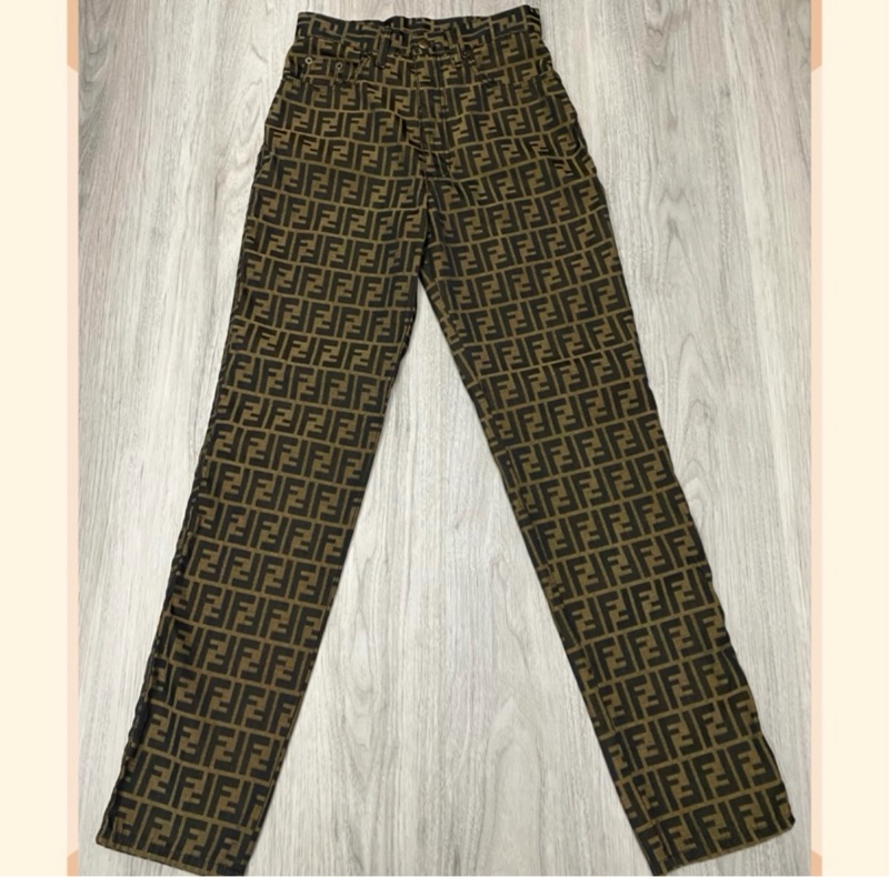 FENDI 棕色老花帆布長褲-5