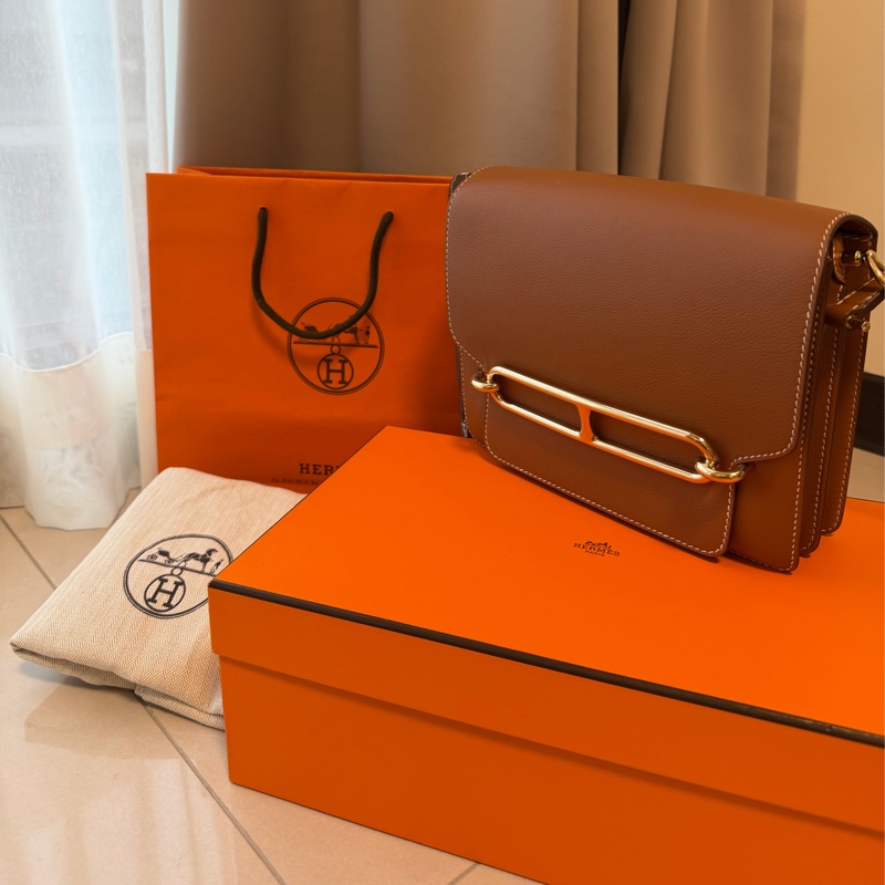 愛馬仕HERMES Roulis23金釦棕色稀有豬鼻子肩背包-0