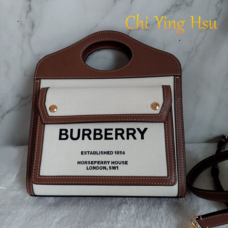 BURBERRY 巴寶莉 🎀實拍 🎀字母帆布拼皮革手提/斜背兩用包(米白x木棕色)Mini~近新閒置品-2