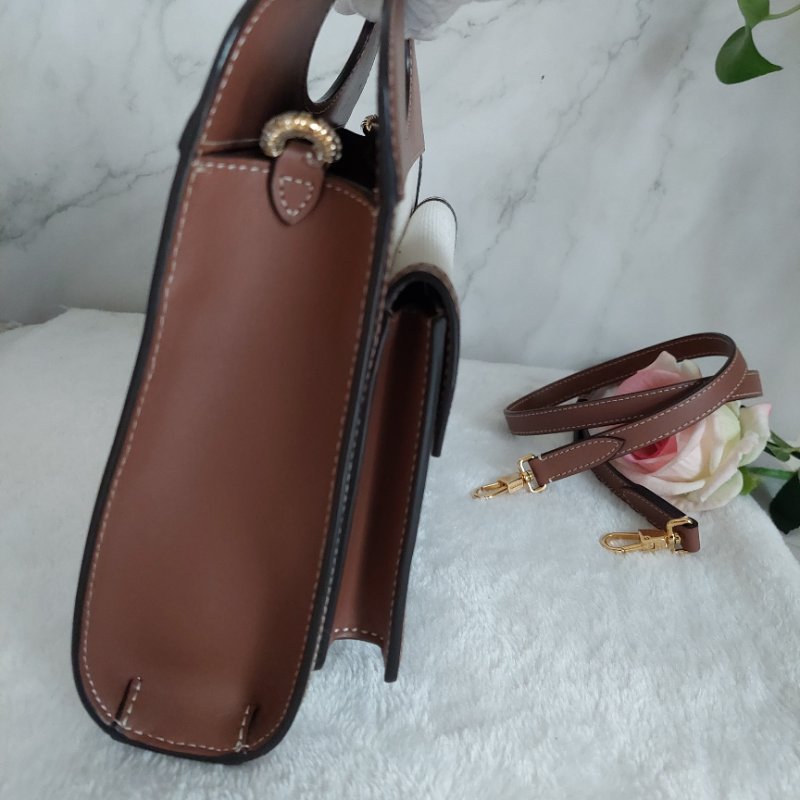 BURBERRY 巴寶莉 🎀實拍 🎀字母帆布拼皮革手提/斜背兩用包(米白x木棕色)Mini~近新閒置品-31