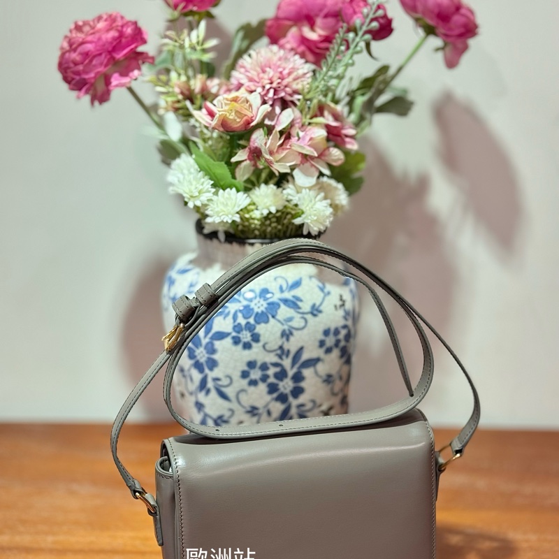 CELINE 鵝卵石灰色TEEN TRIOMPHE亮澤牛皮革手袋-2