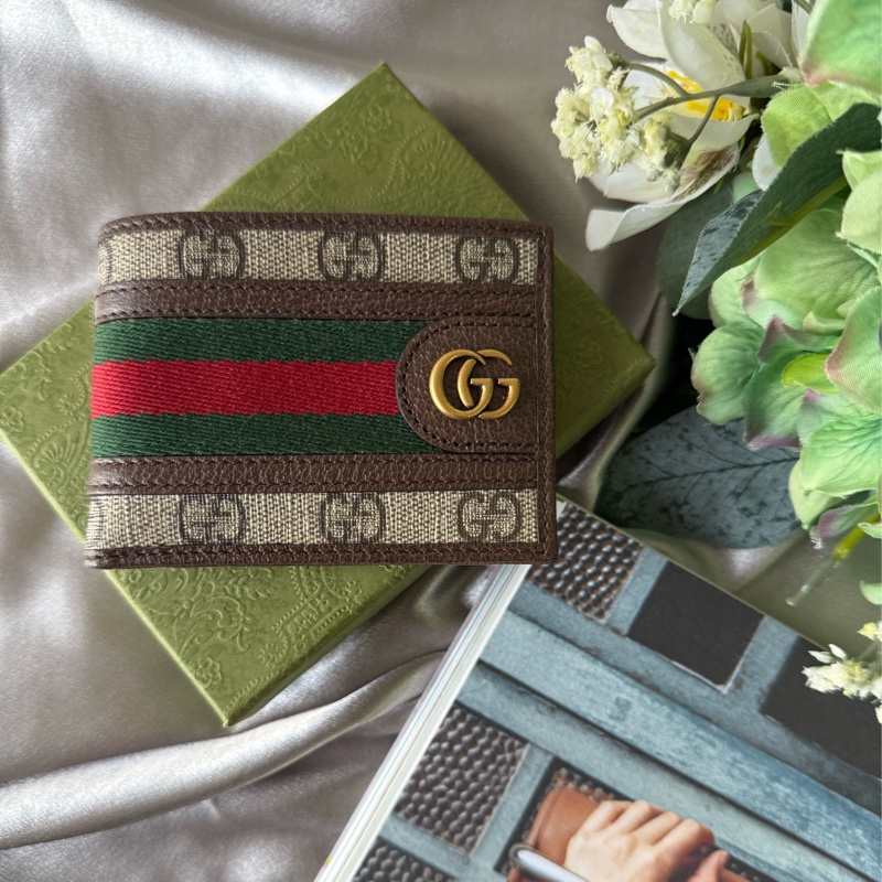 Ophidia GG 塗層帆布綠紅迷你對開4卡短夾(米色/烏木色)-0