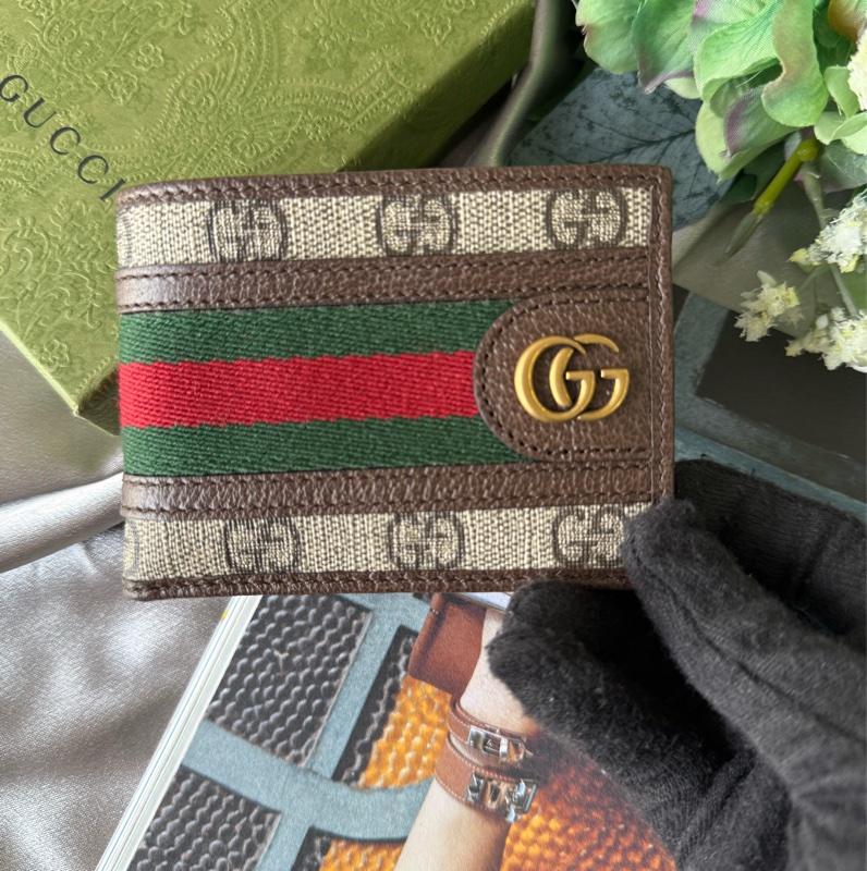 Ophidia GG 塗層帆布綠紅迷你對開4卡短夾(米色/烏木色)-1