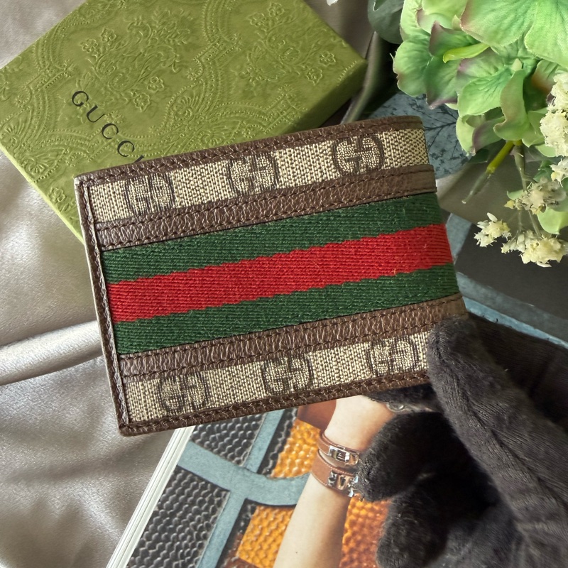 Ophidia GG 塗層帆布綠紅迷你對開4卡短夾(米色/烏木色)-3