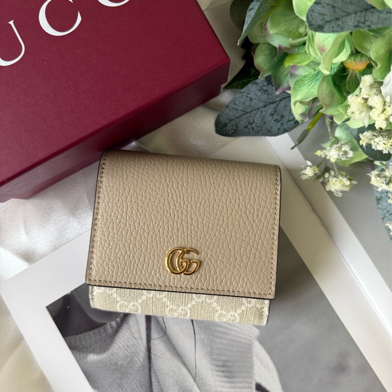GG Marmont 塗層帆布及皮革中型二折短夾(米色)-0