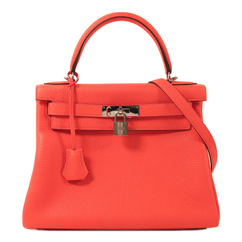 HERMES Taurillon Clemence皮革Kelly 28銀扣手挽肩背兩用袋Rose Texas