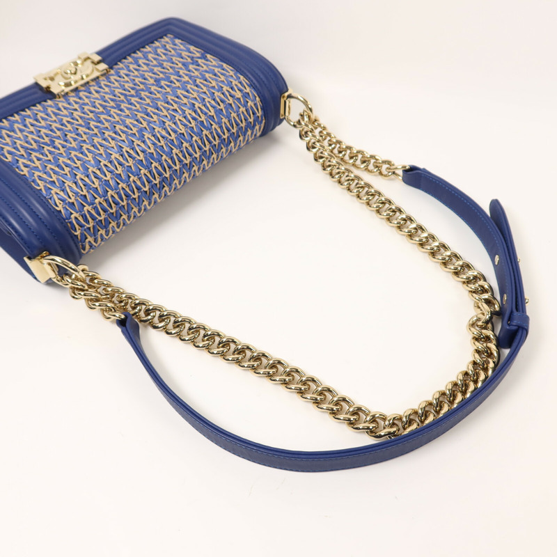 CHANEL Raffia Chanel Boy 25金扣鏈帶肩背袋-7