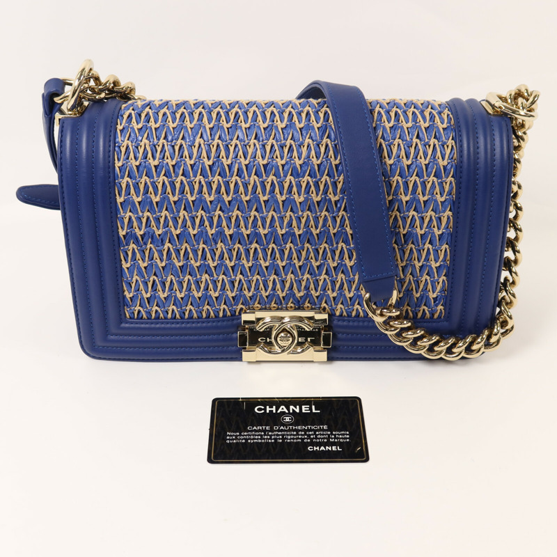 CHANEL Raffia Chanel Boy 25金扣鏈帶肩背袋-9