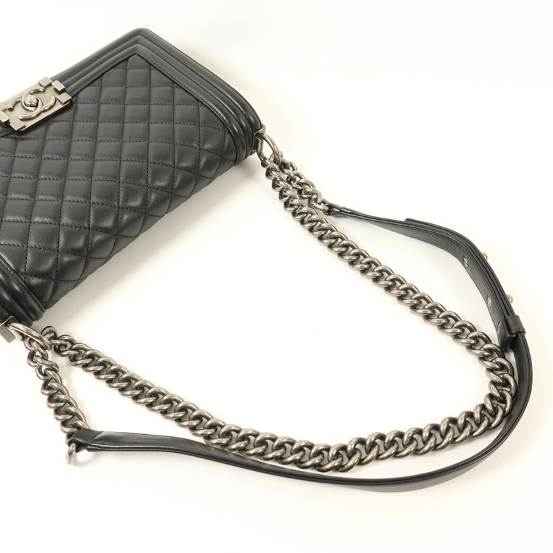 CHANEL 羊皮皮革Boy 25銀扣鏈帶肩背袋-7