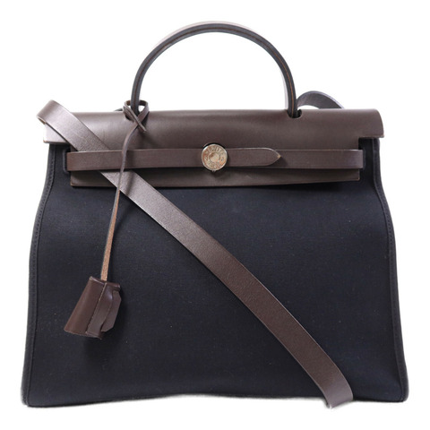 HERMES 帆布Herbag PM銀扣手挽肩背兩用袋Noir