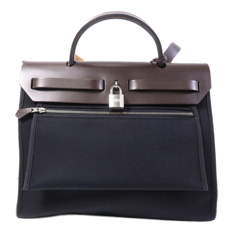 HERMES 帆布Herbag PM銀扣手挽肩背兩用袋Noir-1