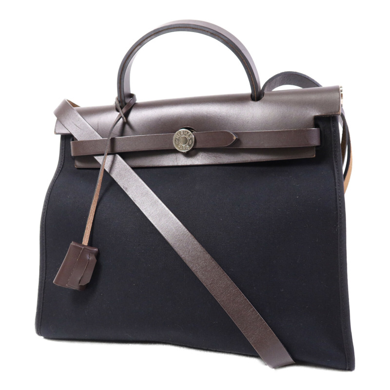 HERMES 帆布Herbag PM銀扣手挽肩背兩用袋Noir-2
