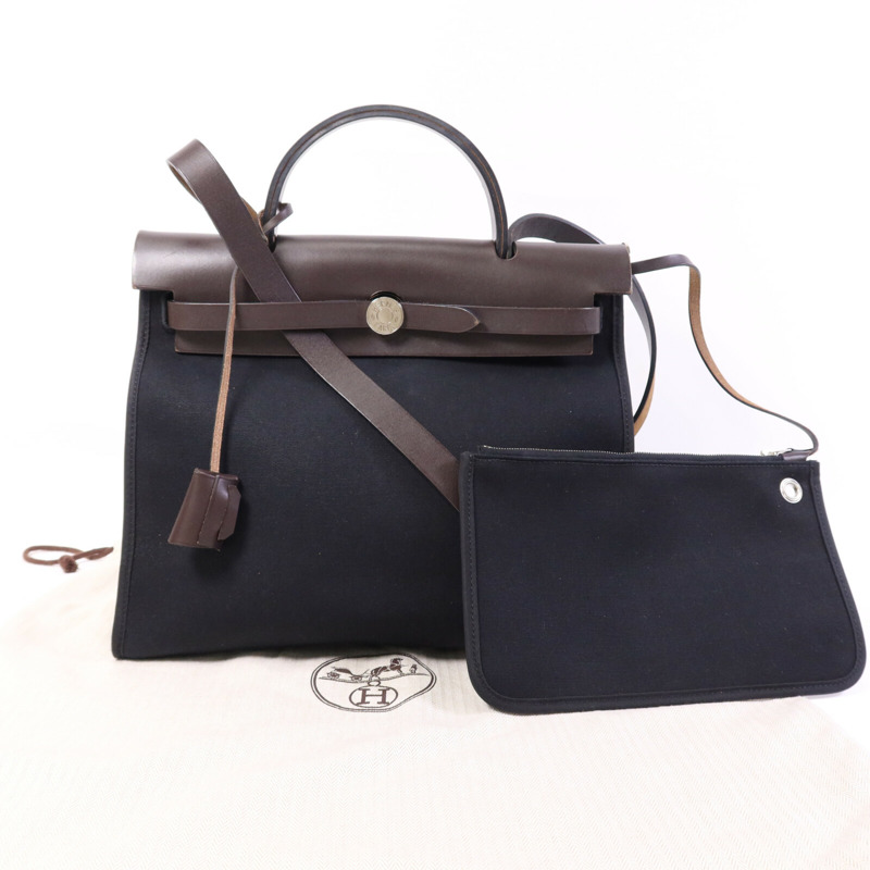 HERMES 帆布Herbag PM銀扣手挽肩背兩用袋Noir-9