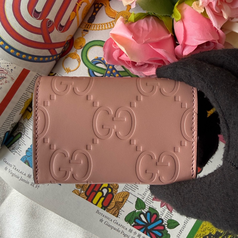 GG Logo 壓紋牛皮釦式卡片夾/名片夾(玫瑰粉)-3