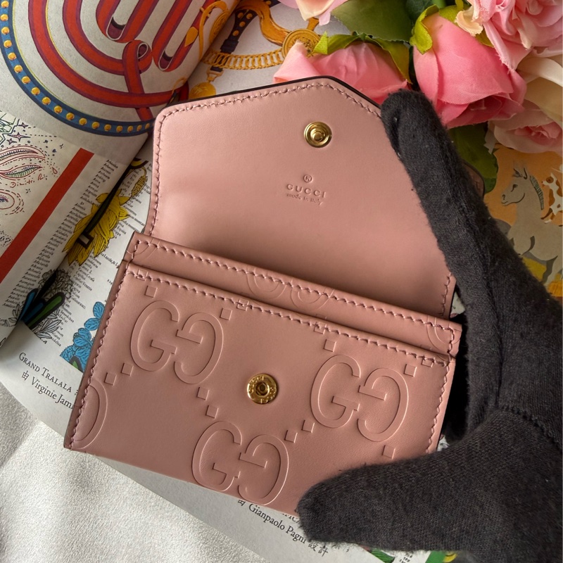 GG Logo 壓紋牛皮釦式卡片夾/名片夾(玫瑰粉)-7