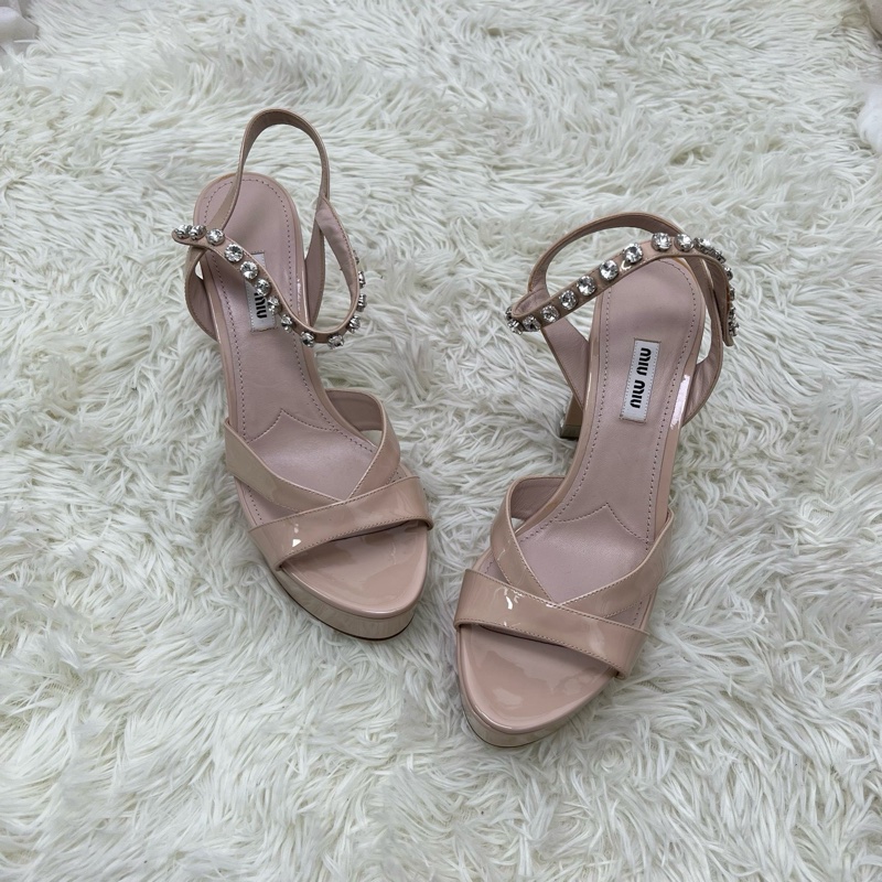 閒置新 未使用 繆繆miumiu 裸色 水鑽 防水台高高跟鞋 粗跟 涼鞋 尺碼 39-0