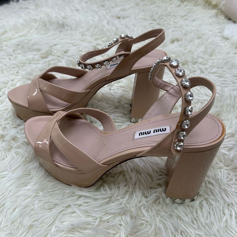 閒置新 未使用 繆繆miumiu 裸色 水鑽 防水台高高跟鞋 粗跟 涼鞋 尺碼 39-1