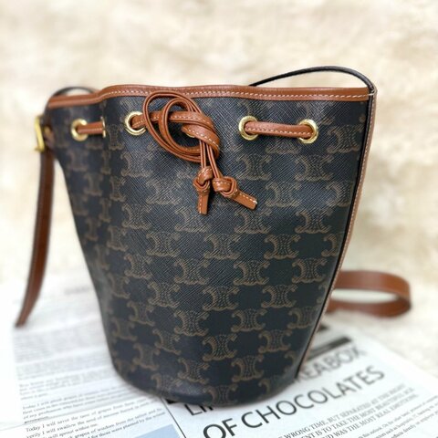 Celine 抽繩包 黃褐色 老花 塗層帆布拼牛皮 小號