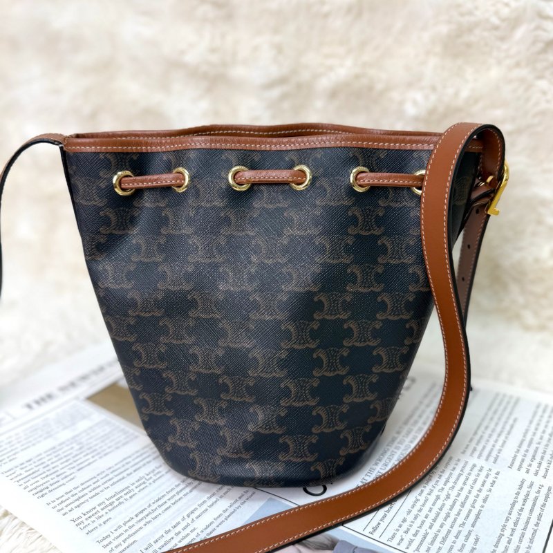 Celine 抽繩包 黃褐色 老花 塗層帆布拼牛皮 小號-1