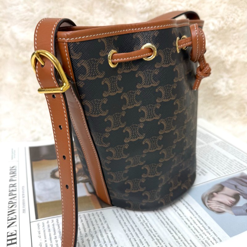 Celine 抽繩包 黃褐色 老花 塗層帆布拼牛皮 小號-2