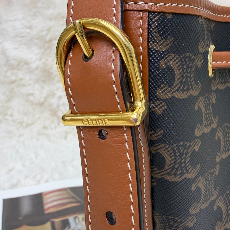 Celine 抽繩包 黃褐色 老花 塗層帆布拼牛皮 小號-3