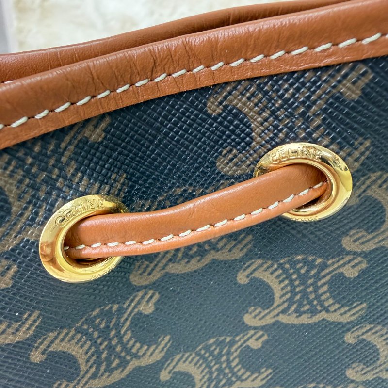 Celine 抽繩包 黃褐色 老花 塗層帆布拼牛皮 小號-4