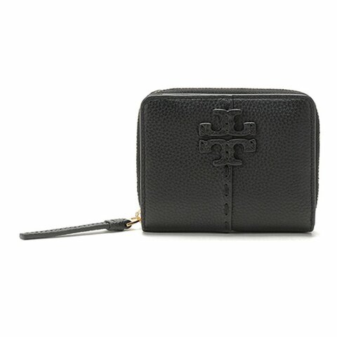 【TORY BURCH】素面皮革拉鍊二折短夾-黑色