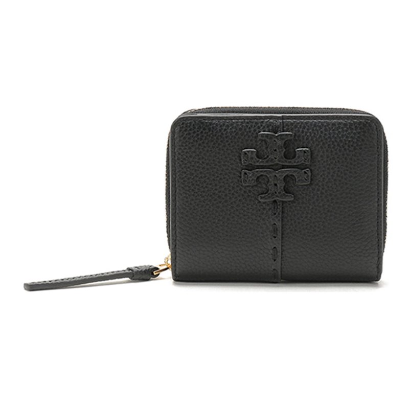 【TORY BURCH】素面皮革拉鍊二折短夾-黑色-0