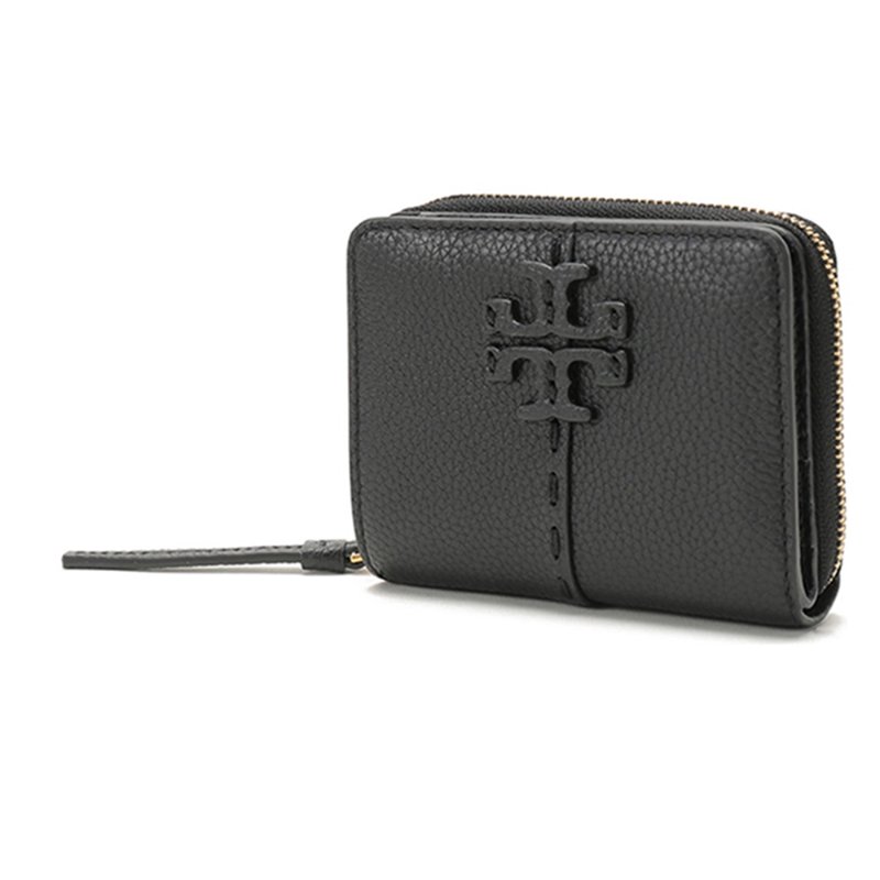 【TORY BURCH】素面皮革拉鍊二折短夾-黑色-1