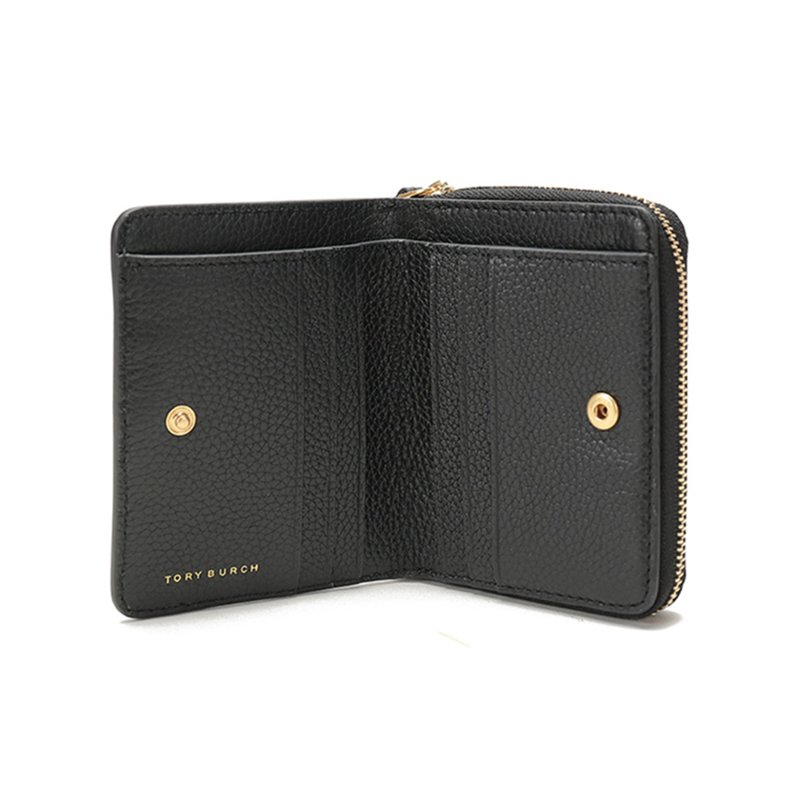 【TORY BURCH】素面皮革拉鍊二折短夾-黑色-3