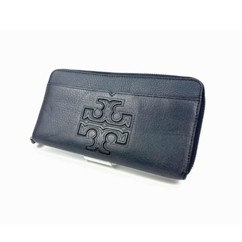 【TORY BURCH】雙T-LOGO素面拉鍊長夾-深藍-0