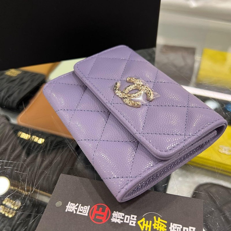 東區正精品㊣CHANEL AP4088 全新香奈兒薰衣草紫色荔枝牛皮金釦釦子內裏迴紋針圖雙層卡片夾零錢包 RZ6263-4