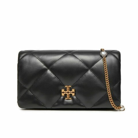 【TORY BURCH】稜格紋kira鑽石吊飾鍊包-黑色