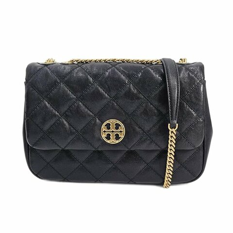 【TORY BURCH】菱格紋黑金鏈帶側背包-黑色